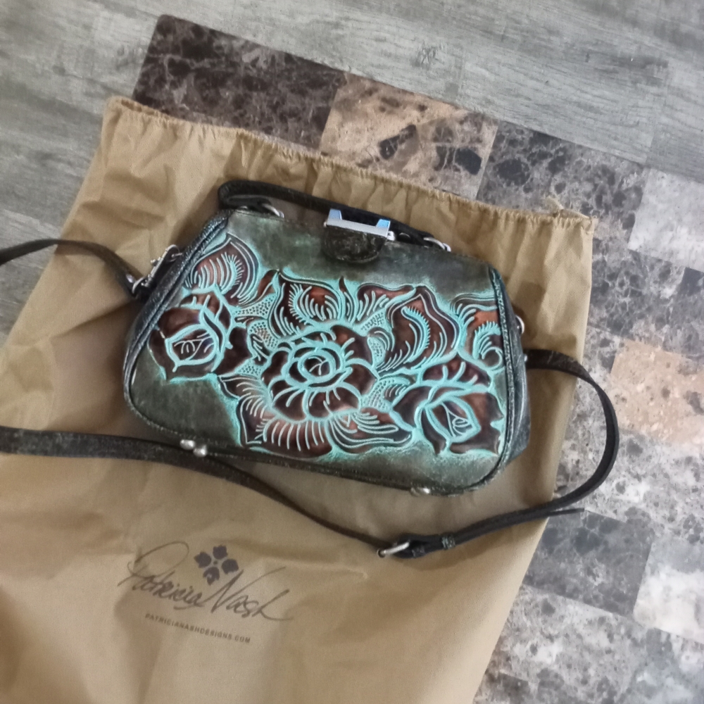 Patricia Nash Teal and Brown Floral Crossbody Bag